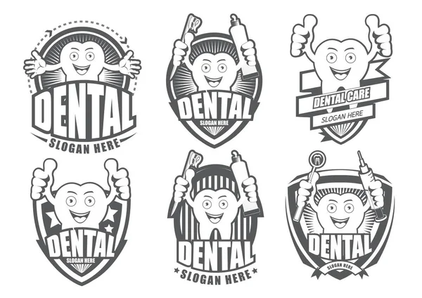 Black White Cartoon Smiling Tooth Symbol Set Happy Smile Concept — Stockvektor