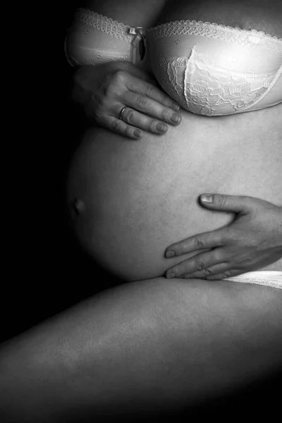 Black White Photo Pregnant Woman White Underwear Studio Black Background — Zdjęcie stockowe