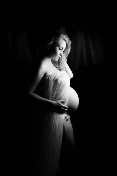 Black White Photo Pregnant Woman Studio Black Background Standing Half — Stock fotografie