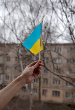 Bir adamın eli Ukrayna bayrağını gri bir gökyüzü, ağaç dalları ve sivil binanın arka planında tutuyor.