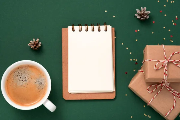 Notebook Blank Paper Mockup Golden Stars Confetti Gift Boxes Mug — Stock Photo, Image