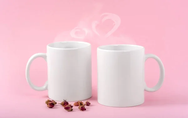 Mockup Weiße Kaffee Zwei Tassen Oder Tasse Auf Einem Rosa — Stockfoto