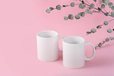 İki beyaz kahve fincanı ya da fincanı pembe arka planda fotokopi alanı olan bir kupa yap. Tasarım, marka ve iş için boş bir şablon. Gerçek fotoğraf. Okaliptüs dalları