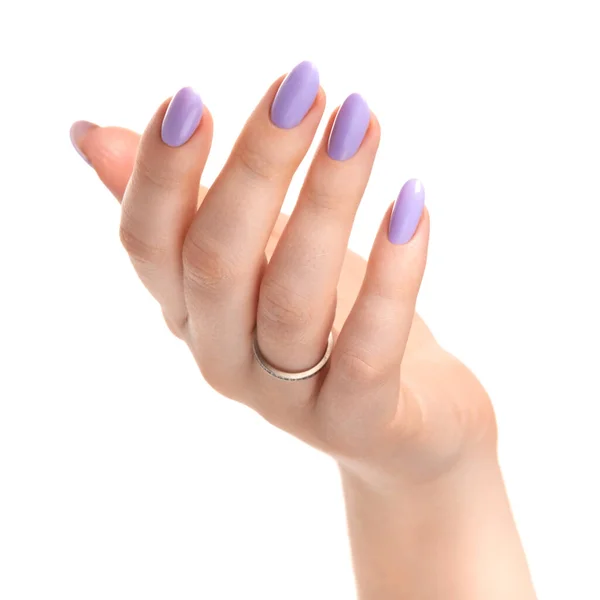 Weibliche Hand Mit Violettem Lavendelgel Lack Auf Langen Nägeln Auf — Stockfoto