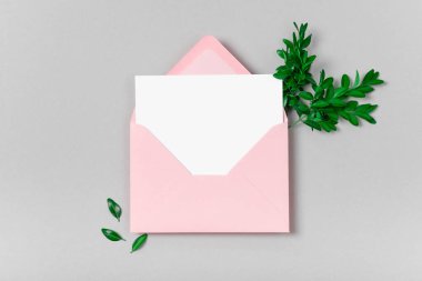 Gerçek fotoğraf. Pembe zarf kare davetiyesi beyaz tebrik kartı modeli ve bir kutu ağacı dalı. Üst görünümü fotokopi alanı, pastel gri arkaplan. Markalaşma ve reklam şablonu