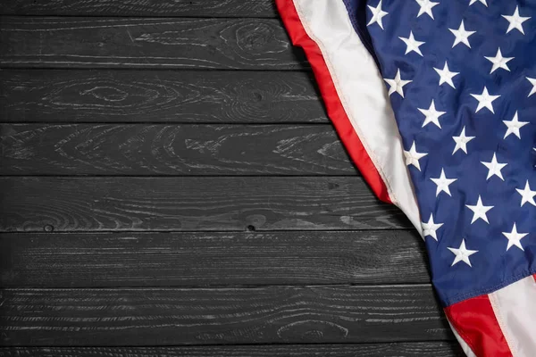 Flach Lag Die Usa Flagge Auf Schwarzem Holzbrett Vintage Hintergrund — Stockfoto