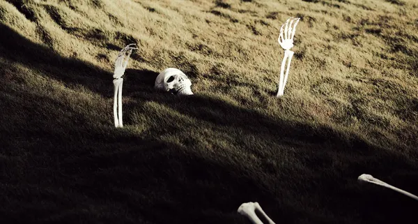 Yerden gelen iskelet. Ekim 'de Cadılar Bayramı için sahne. Bahçedeki dekorasyon.. — Stok fotoğraf