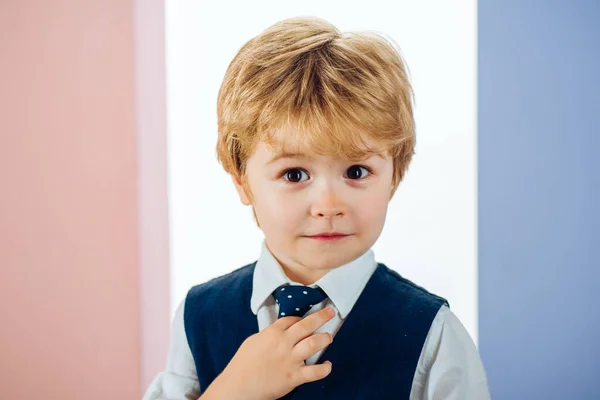Aranyos iskolás fiú. Üzleti iskola. Egy fiatal üzletember nyakkendővel. Boldog gyermek.. — Stock Fotó