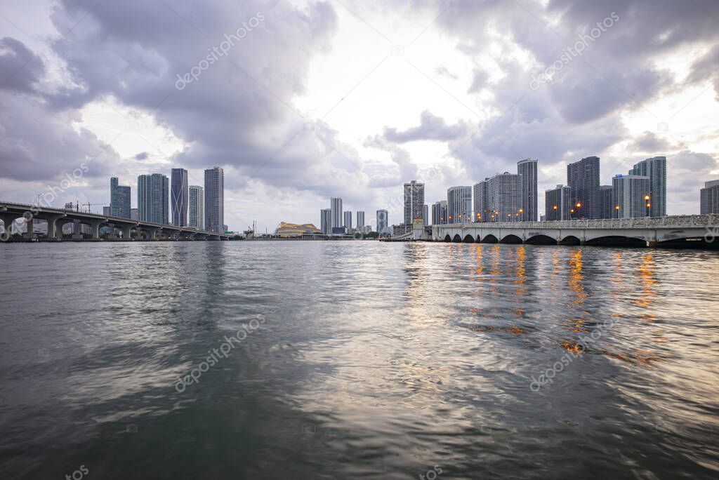 Miami, Florida, USA skyline and bay. Panorama of the cityscape of Miami with roads and bridges.
