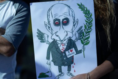 Los Angeles, Kaliforniya, ABD 2022 Putin savaş posteri. Ukrayna 'yı seviyorum. Ukrayna 'nın yanında dur. Savaşa ve Rus silahlı saldırgan Vladimir Putin 'e karşı protesto.