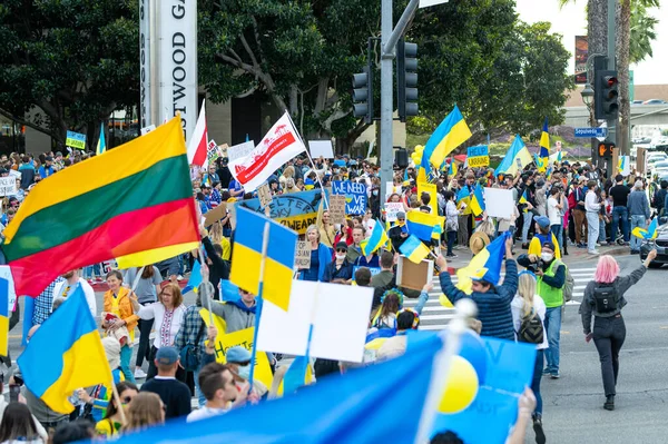 Los Angeles, Califórnia, EUA - 26 de fevereiro de 2022: Demonstração contra a guerra da Rússia na Ucrânia. Pare Putin, pare a guerra. O fascismo e o assassinato de crianças ucranianas. Fique com a Ucrânia. — Fotos gratuitas