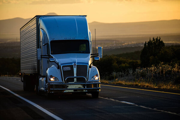 Arizona, USA - 2020: American trucks. Roads in the United States, delivery of goods. Transport business