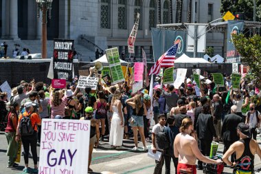 Los Angeles, California, USA - May 14, 2022: Protesters rally for abortion rights in California and across the U.S. Women gathered at an abortion rights rally in downtown Los Angeles