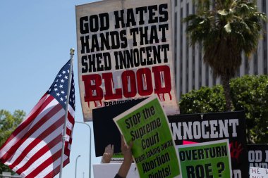Los Angeles, California, USA - May 14, 2022: Protesters rally for abortion rights in California and across the U.S. Women gathered at an abortion rights rally in downtown Los Angeles.