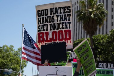 Los Angeles, California, USA - May 14, 2022: Protesters rally for abortion rights in California and across the U.S. Women gathered at an abortion rights rally in downtown Los Angeles.
