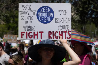 Los Angeles, California, USA - May 14, 2022: Protesters rally for abortion rights in California and across the U.S. Women gathered at an abortion rights rally in downtown Los Angeles.