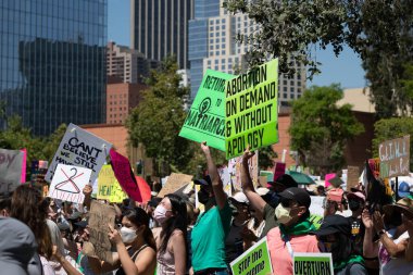 Los Angeles, California, USA - May 14, 2022: Protesters rally for abortion rights in California and across the U.S. Women gathered at an abortion rights rally in downtown Los Angeles.
