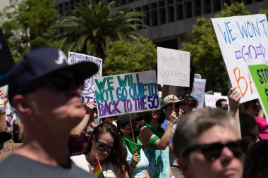 Los Angeles, California, USA - May 14, 2022: Protesters rally for abortion rights in California and across the U.S. Women gathered at an abortion rights rally in downtown Los Angeles.