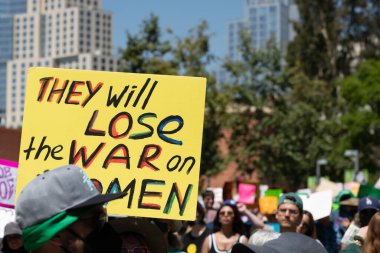 Los Angeles, California, USA - May 14, 2022: Protesters rally for abortion rights in California and across the U.S. Women gathered at an abortion rights rally in downtown Los Angeles.