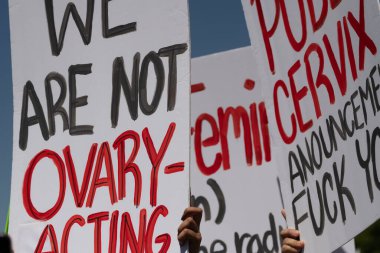 Los Angeles, California, USA - May 14, 2022: Protesters rally for abortion rights in California and across the U.S. Women gathered at an abortion rights rally in downtown Los Angeles.