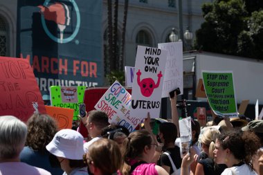 Los Angeles, California, USA - May 14, 2022: Protesters rally for abortion rights in California and across the U.S. Women gathered at an abortion rights rally in downtown Los Angeles.