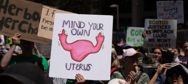 Los Angeles, California, USA - May 14, 2022: Protesters rally for abortion rights in California and across the U.S. Women gathered at an abortion rights rally in downtown Los Angeles.