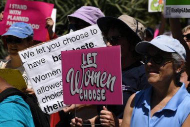 Los Angeles, California, USA - May 14, 2022: Protesters rally for abortion rights in California and across the U.S. Women gathered at an abortion rights rally in downtown Los Angeles.