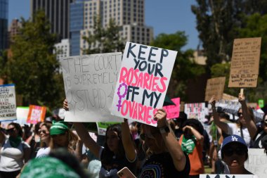 Los Angeles, California, USA - May 14, 2022: Protesters rally for abortion rights in California and across the U.S. Women gathered at an abortion rights rally in downtown Los Angeles.