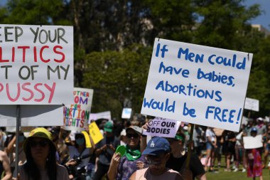 Los Angeles, California, USA - May 14, 2022: Protesters rally for abortion rights in California and across the U.S. Women gathered at an abortion rights rally in downtown Los Angeles.