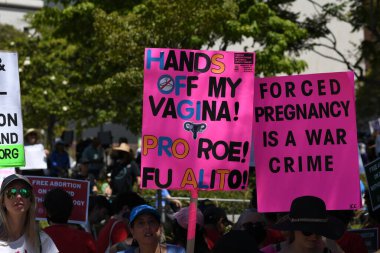 Los Angeles, California, USA - May 14, 2022: Protesters rally for abortion rights in California and across the U.S. Women gathered at an abortion rights rally in downtown Los Angeles.