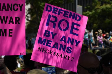 Los Angeles, California, USA - May 14, 2022: Protesters rally for abortion rights in California and across the U.S. Women gathered at an abortion rights rally in downtown Los Angeles.