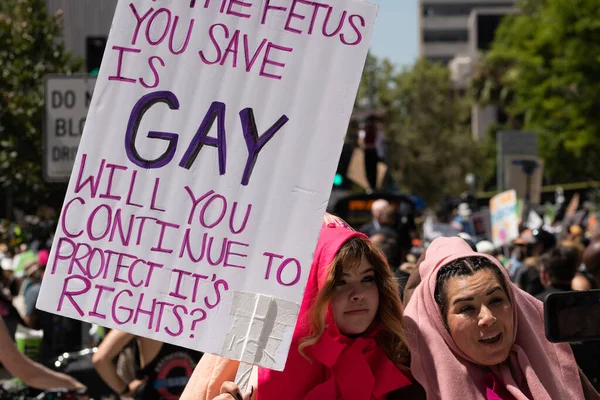 Los Angeles, California, USA - May 14, 2022: Protesters rally for abortion rights in California and across the U.S. Women gathered at an abortion rights rally in downtown Los Angeles.