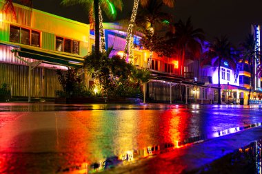 Miami Beach, FL, USA - 2020: Famous Ocean drive in Miami Beach. Holidays in the USA. South. Night view