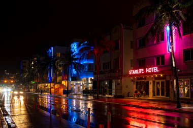 Miami Beach, FL, USA - 2020: Famous Ocean drive in Miami Beach. Holidays in the USA. South. Night view