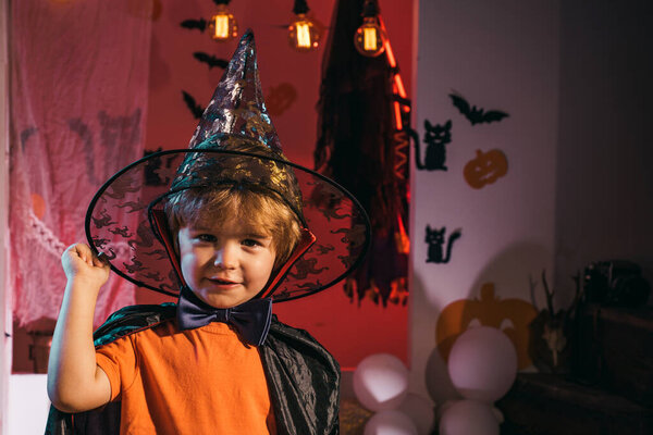 A child in a Halloween costume. Holidays and happy children. Portrait of a boy on Halloween