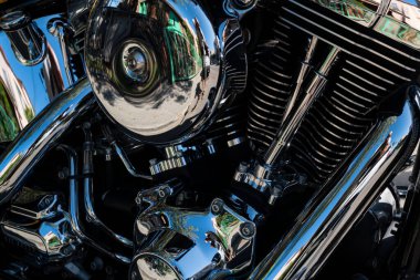 Motor. Details of the interior technology of a retro car. Chrome