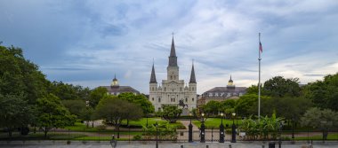 New Orleans, Louisiana, USA - JUNE, 2020: Iconic Saint Louis Cathedral at Jackson Square in New Orleans. Louisiana city on the Mississippi River. The Big Easy. History of French and American cultures