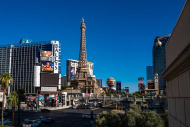 Las Vegas, Nevada, USA, - 2020: Night view. Cityscape in a world famous Vegas Strip in US. Best travel, hotels, attractions, tours, show and clubs. Eiffel tower in Vegas