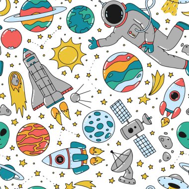Beyaz arka planda uzay karalamaları olan kusursuz bir desen. Tekstil baskıları, hatıra defteri, ambalaj kağıdı, giysi, duvar kağıdı vs. EPS 10