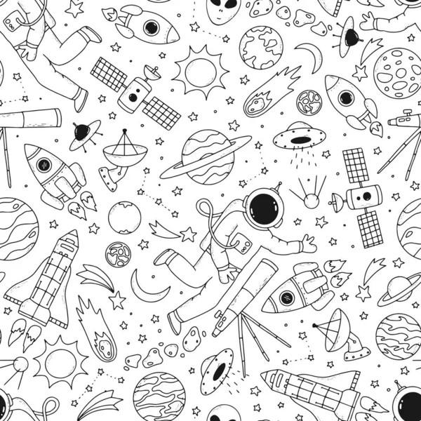 Espaço Tema Padrão Sem Costura Com Doodles Desenhados Mão Bom —  Vetores de Stock