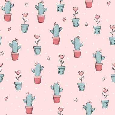Pembe arka planda saksıda kaktüsleri ve çiçekleri olan hoş, pürüzsüz bir desen. Çocuk resimleri, tekstil, sevgililer günü ambalaj kâğıdı, hatıra defteri, kırtasiye, duvar kağıdı vs. için iyi. EPS 10