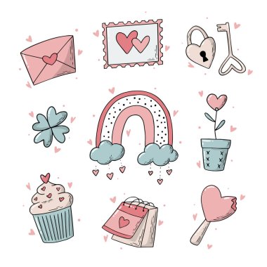 Sevgililer Günü karalamaları, beyaz arka planda izole edilmiş ikonlar. Çıkartmalar, baskılar, kartlar, hatıra defterleri, planlama dekorları vs. için iyidir. EPS 10