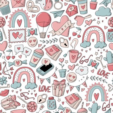 Sevgililer Günü 'nde beyaz arka planda karalamalar vardı. Ambalaj kağıtları, kartlar, tekstil, hatıra defteri, baskılar, duvar kağıtları vs. için iyidir. EPS 10