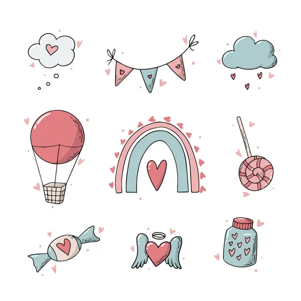 Set Valentine Day Doodles Icons Isolated White Background Good Stickers — Vetor de Stock