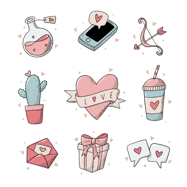 Set Valentine Day Doodles Icons Isolated White Background Good Stickers — Stockvektor