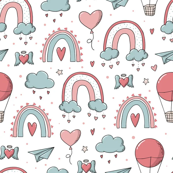 Valentine Day Seamless Pattern Doodles Rainbows Balloons Hearts Wrapping Paper — 图库矢量图片