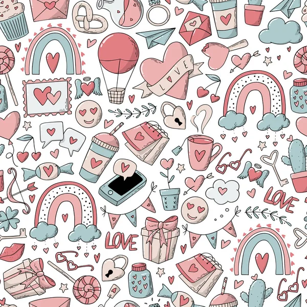 Valentine Day Seamless Pattern Doodles White Background Good Wrapping Paper — Vetor de Stock