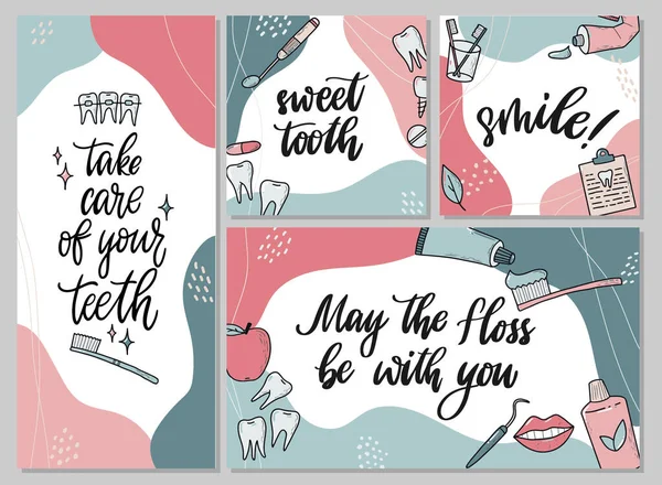 Set Dentist Banners Decorated Abstract Shapes Doodles Copy Space Text — Διανυσματικό Αρχείο