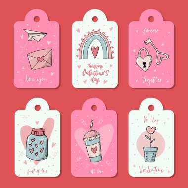 set of Valentines day tags and labels decorated with lettering quotes and doodles. Good for prints, cards, stickers, prints, giftware, etc. EPS 10