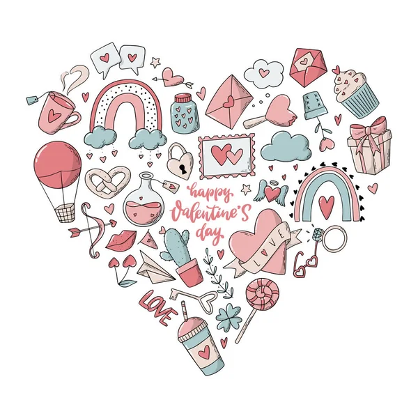 Set Valentine Day Doodles Decorated Lettering Quote Shape Heart Good — Vetor de Stock